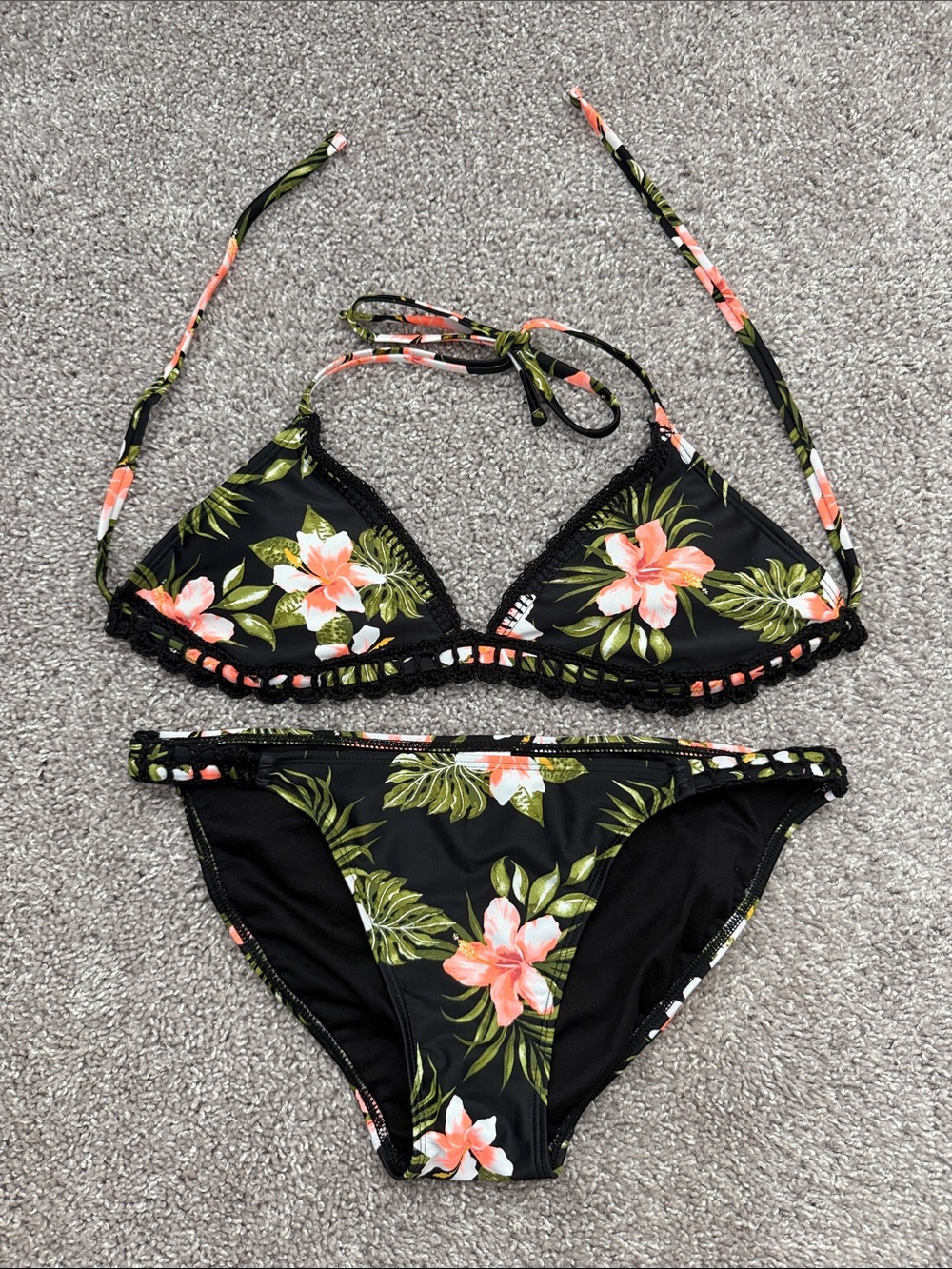 Xhilaration Black Floral Bikini with Coral & Green Accents
